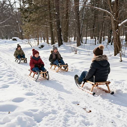 Family Sledding Scene in Winter Forest
