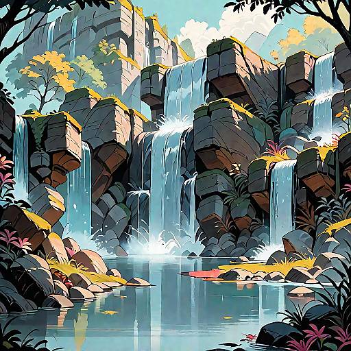 Anime Waterfall Scene with Boat