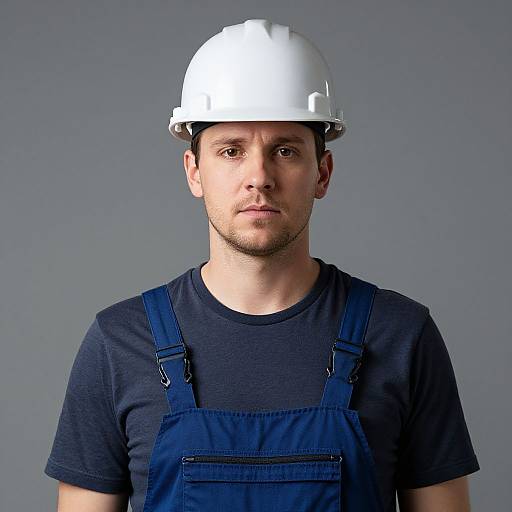 Photograph of a young Caucasian man with light skin, short brown hair, wearing a white hard hat, dark blue shirt, and blue overalls,