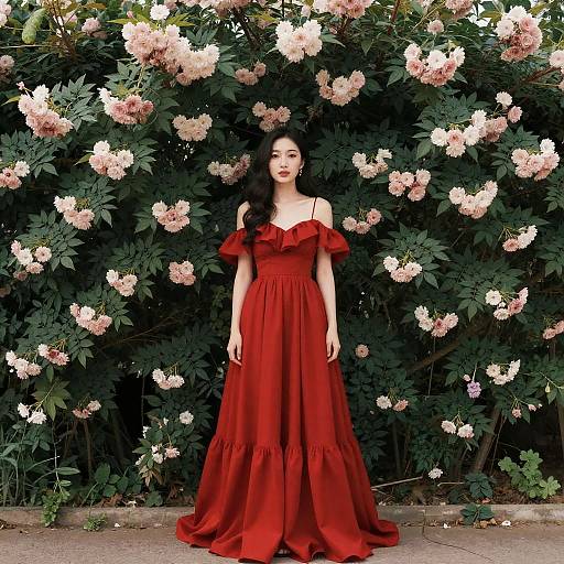 Woman in Red Gown by Flowers