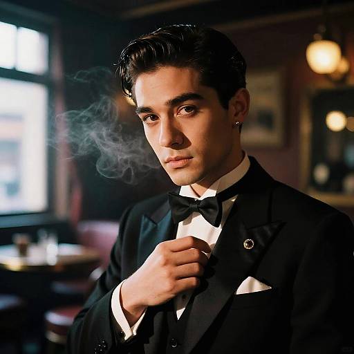 Photograph of a handsome young man with dark hair, wearing a black tuxedo, bow tie, and white shirt, adjusting his tie, with