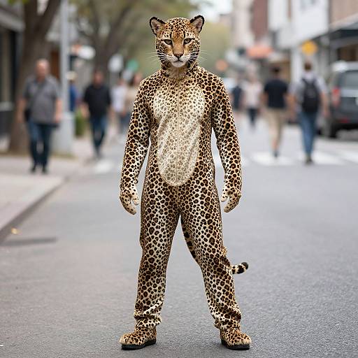 Photograph of a realistic leopard anthropomorphized standing confidently on a city street, with blurred pedestrians and urban background.