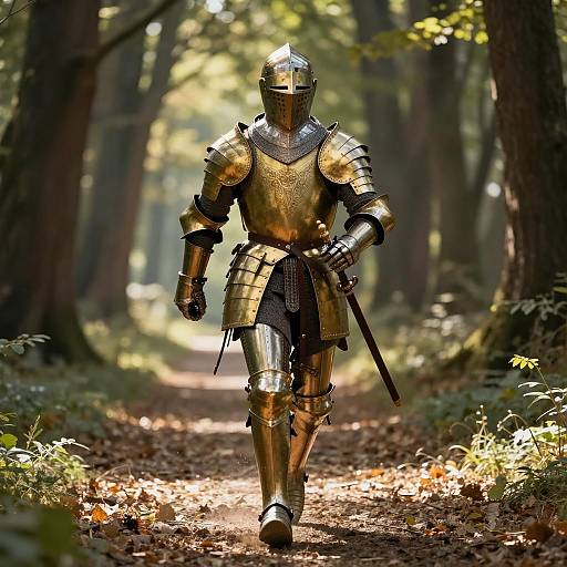 Golden Armored Knight in Sunlit Forest