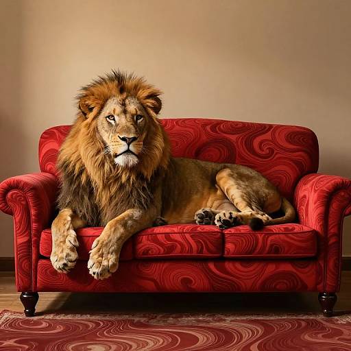 Photograph of a majestic male lion with a thick mane, lounging regally on a vivid red, swirled-patterned armchair. Warm