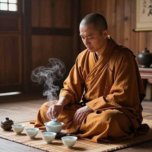Photograph of a Buddhist monk in orange robes, sitting on a wooden mat, smoking incense, with white bowls and a teapot in a dim