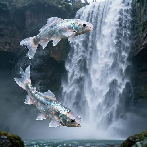 Crystalline Light Fish in Gravity-Defying Waterfalls