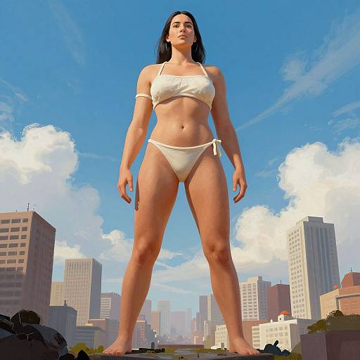 Digital art: giant woman in white bikini stands in cityscape, skyscrapers and clouds in background, bright blue sky, realistic style.