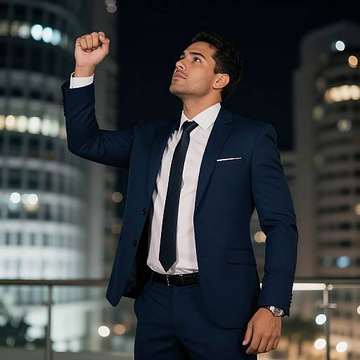 Photograph of a confident, dark-haired man in a black suit, white shirt, and black tie, raising his fist against a nighttime cityscape with