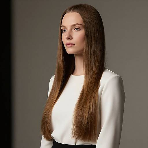 Digital CGI portrait of a fair-skinned woman with long, straight brown hair, wearing a white long-sleeve top, against a gray background.
