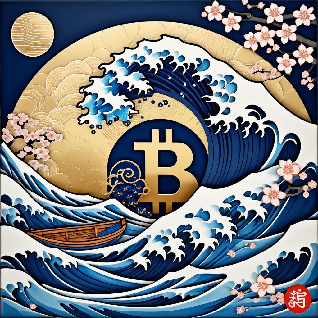 Bitcoin Logo in Hokusai's Ukiyo-e Style