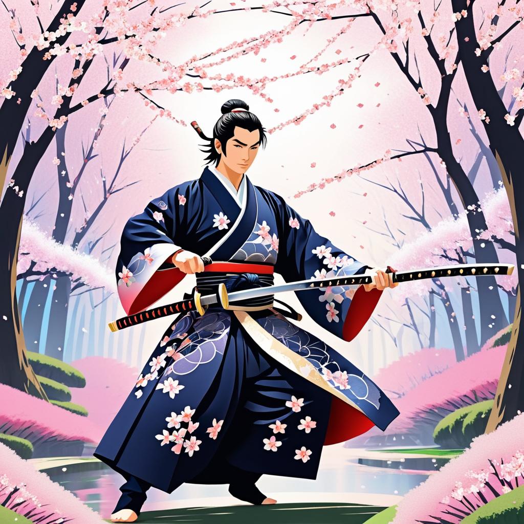 Dynamic Samurai in Cherry Blossom Grove