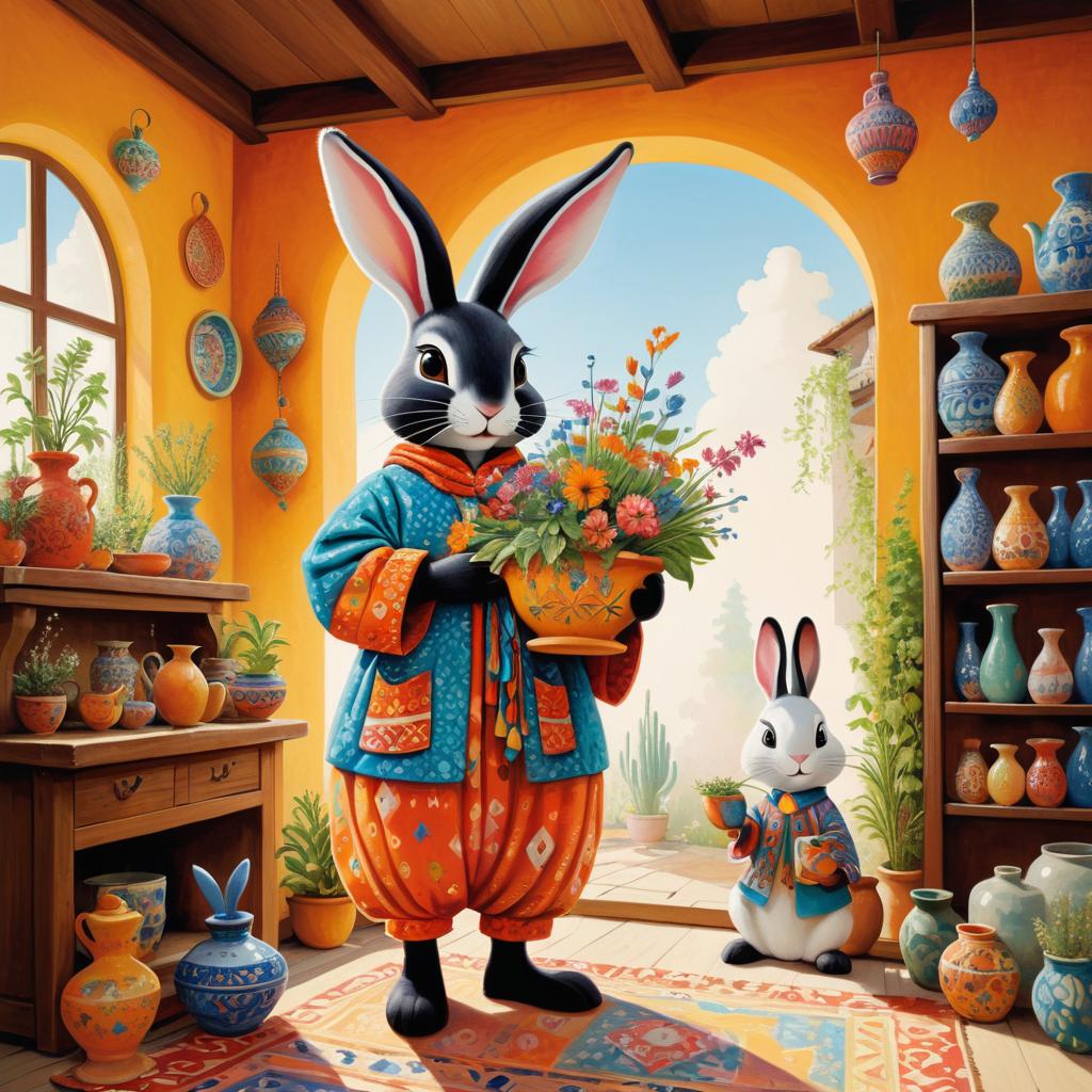 Colorful Artisan and Curious Rabbit Scene