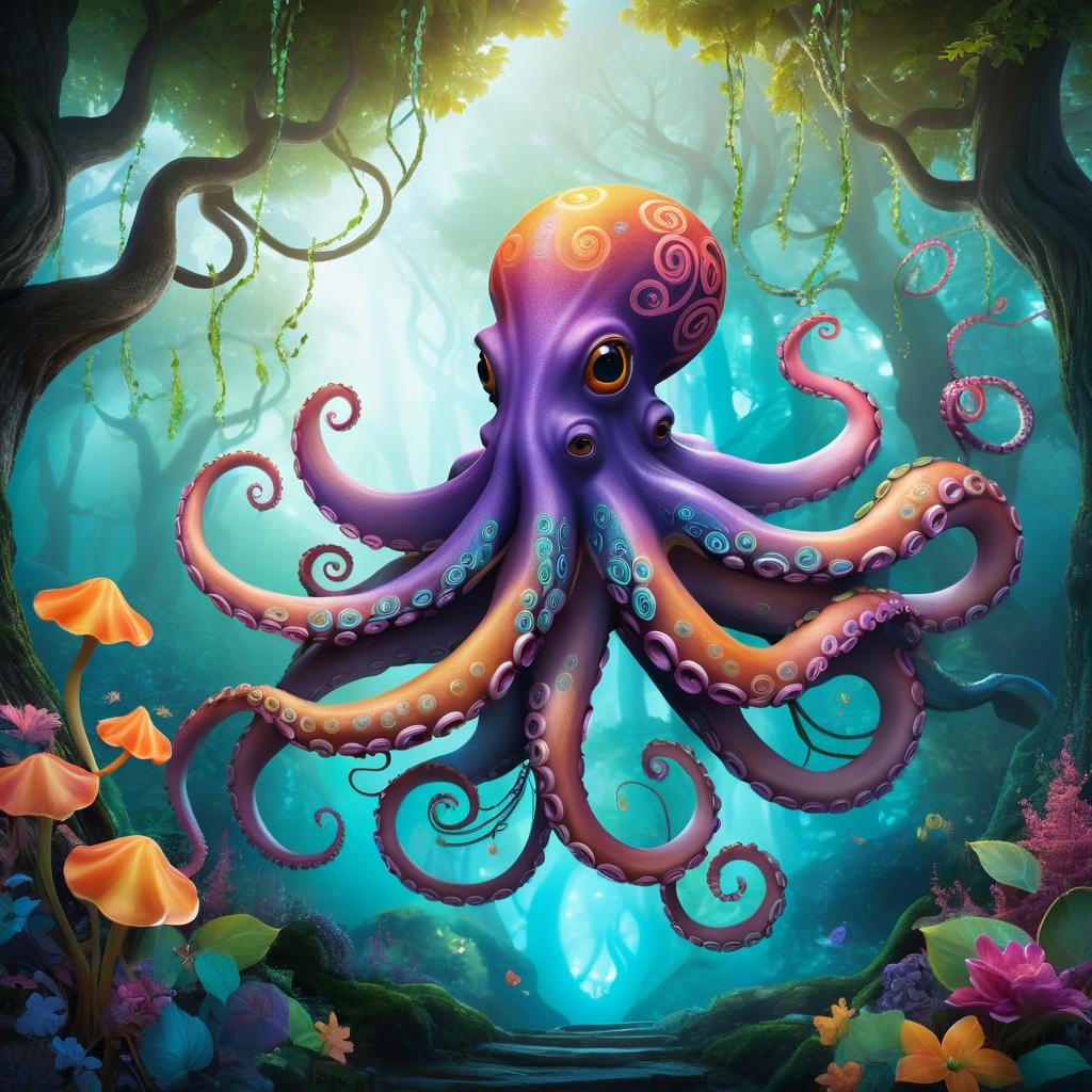 Whimsical Octopus-Tree in Enchanted Forest