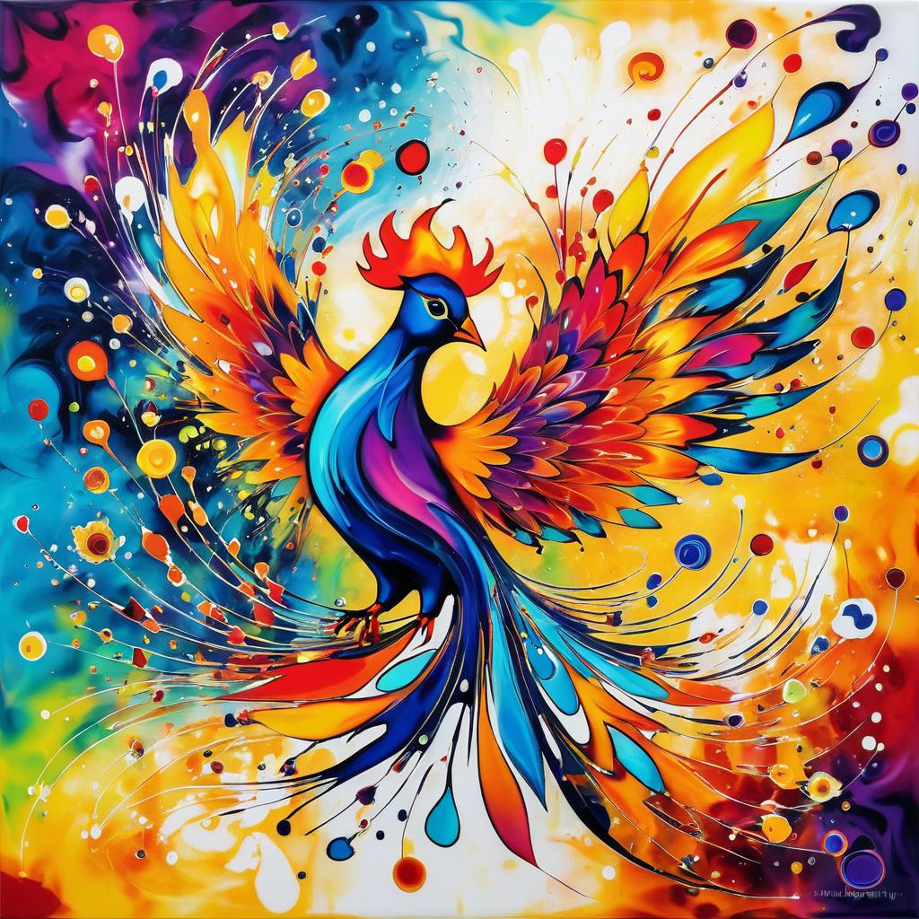 Whimsical Phoenix in Vibrant Abstract Style