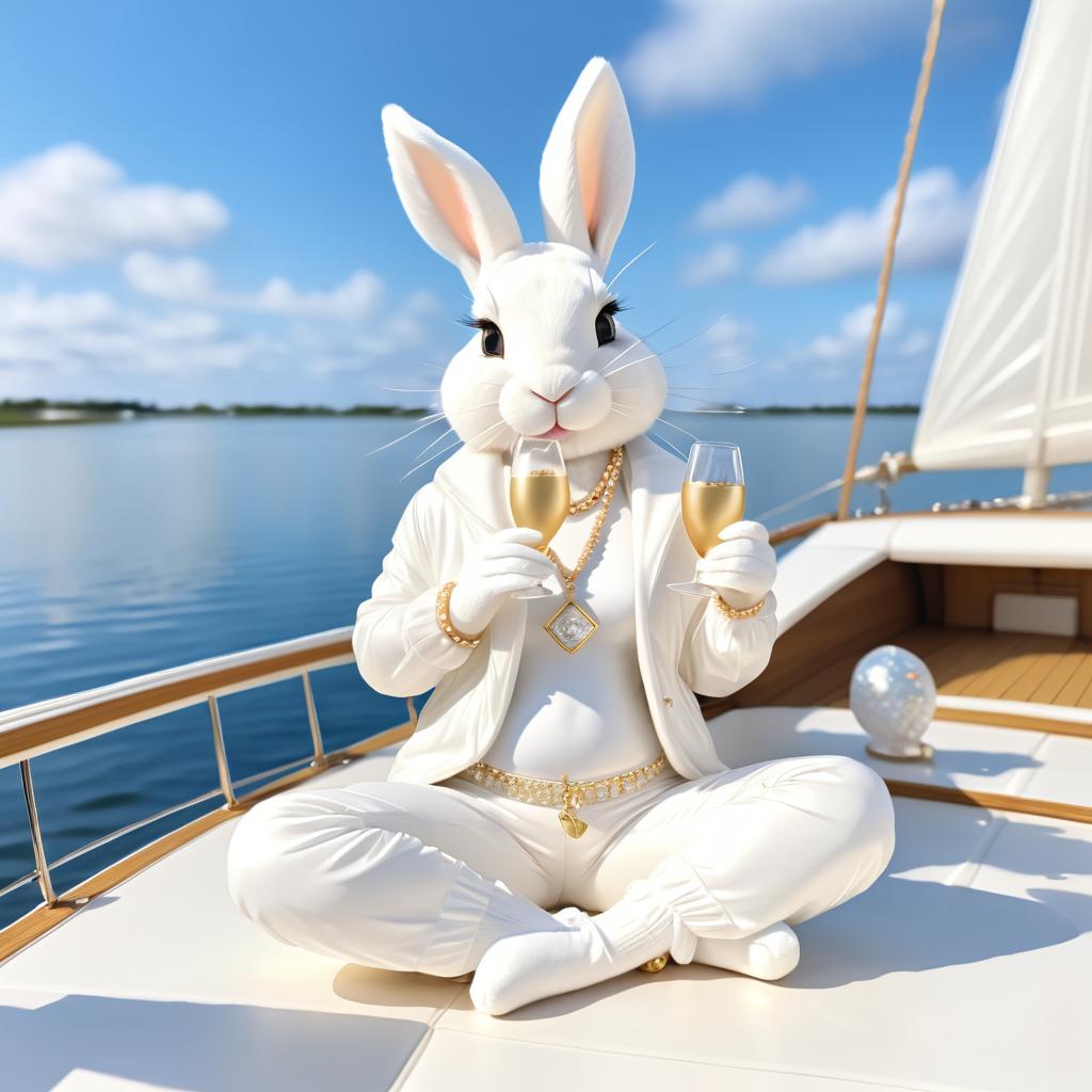 Yoga Rabbit on a Boat with Champagne