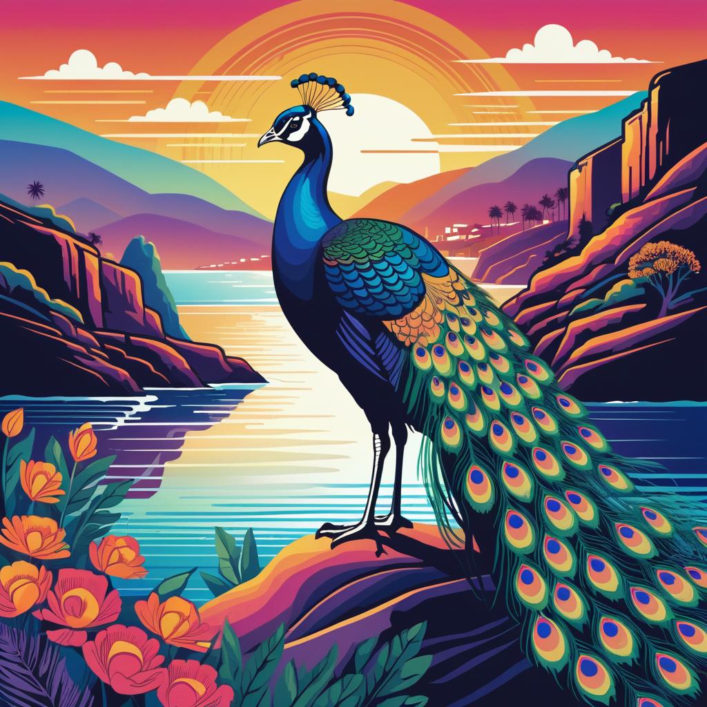 Vibrant Peacock Line Art in Coastal Scene