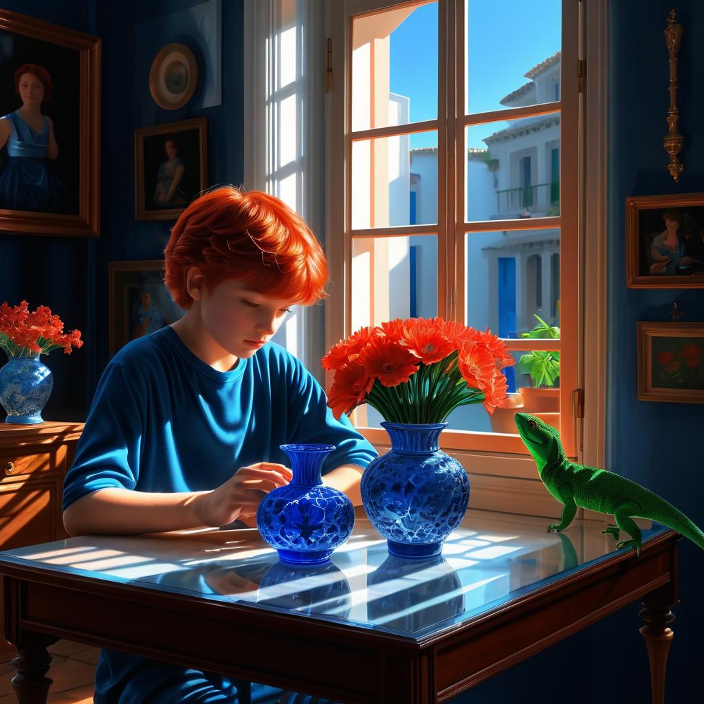 Sunlit Room with Boy and Lizard