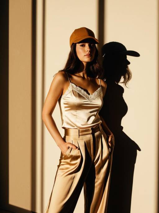Woman in Beige Satin Camisole and Camel Trousers
