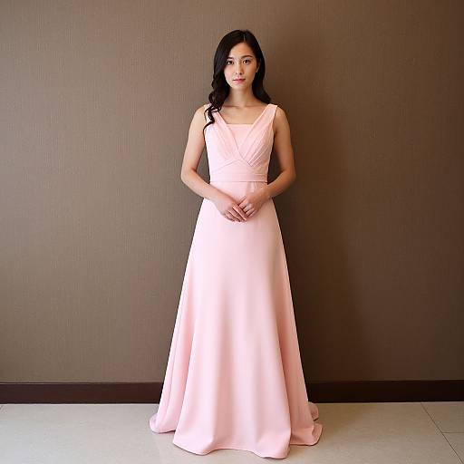 Photograph of a young woman with long black hair, wearing a sleeveless, pink, floor-length wedding gown, standing against a brown textured wall.