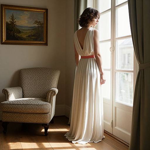 Photograph of a woman with short black hair in a backless, white, floor-length gown, standing by a sunlit window, in a room