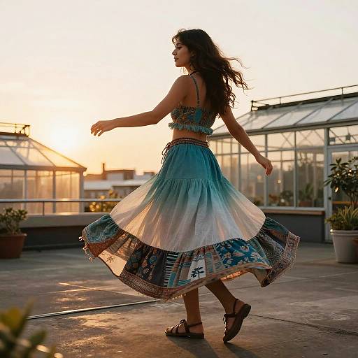Woman Twirling in Boho Skirt on Rooftop Greenhouse