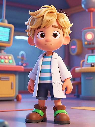 CGI cartoon boy with blonde hair, wearing white lab coat, blue-striped shirt, black shorts, brown shoes with green strap, in a colorful,