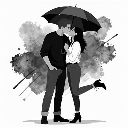 Stylized Grayscale Kiss Under Umbrella