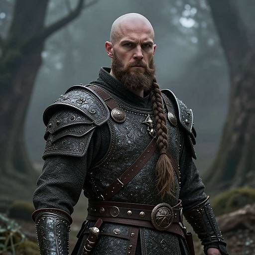 Photograph of a bald, bearded Viking warrior in detailed, metallic armor with a long braid, standing in a misty, forested background