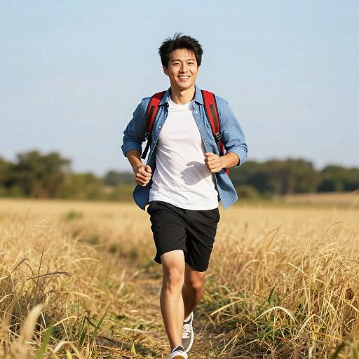 Smiling Man Jogging in Sunny Field