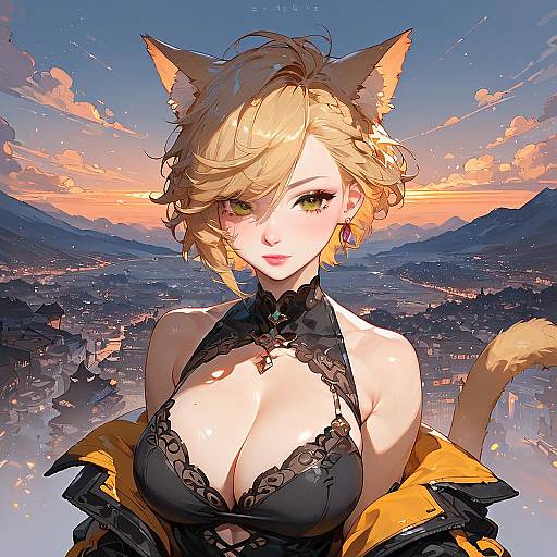 Blonde Miqo'te at Neon Sunset Cityscape
