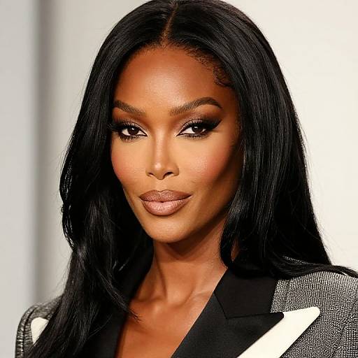 Photograph of an attractive, dark-skinned woman with long, straight black hair, wearing a black and white patterned blazer, and bold,