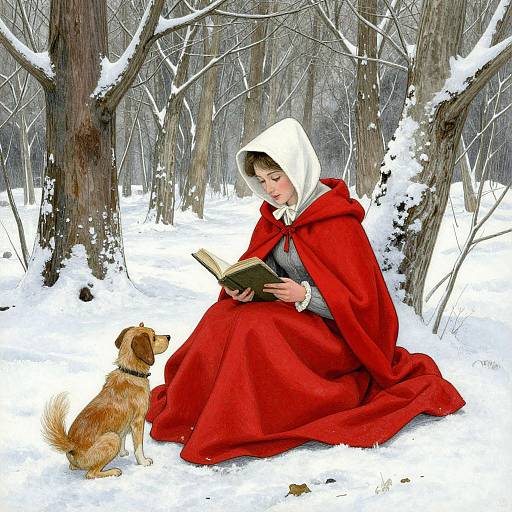 Illustration of Little Red Riding Hood reading to a brown dog in a snowy forest; she wears a red cloak and white hood.