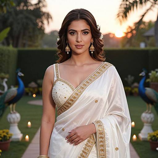 Photograph of a beautiful Indian woman with long, wavy brown hair, wearing a white silk saree with gold embroidery, standing in a garden at
