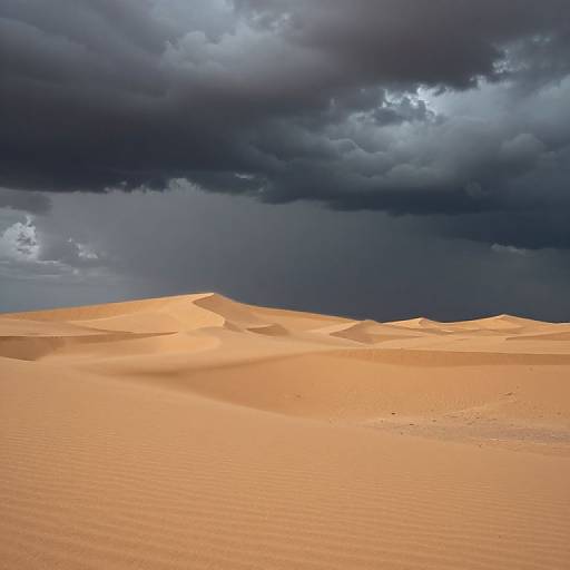 Photograph of a vast, golden desert with rippled sand dunes under a dramatic, dark, stormy sky, contrasting bright and dark colors.