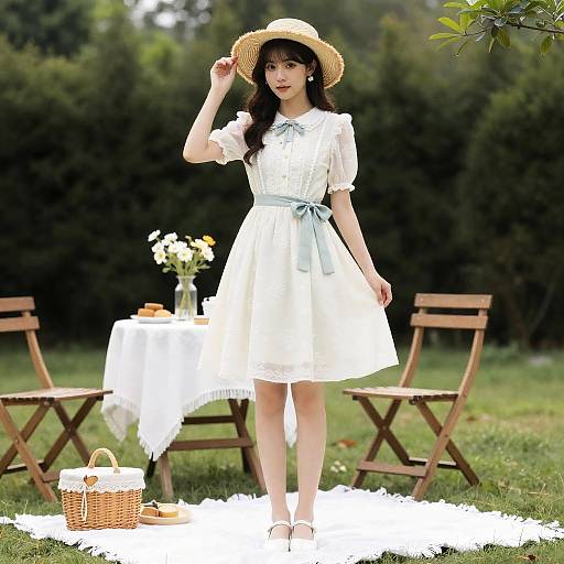 Woman's Picnic Outfit in Garden Scene