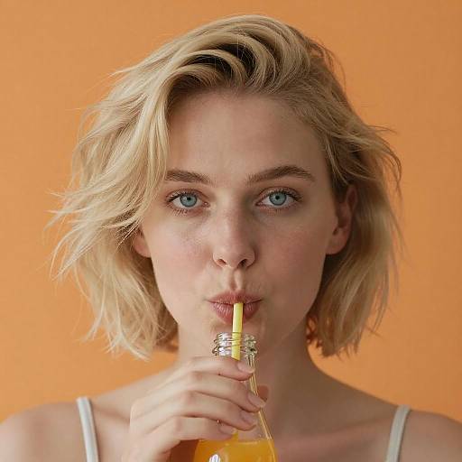 Blonde Woman Sipping Orange Drink Close-Up