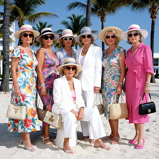 Photograph of seven elderly women in colorful, floral, and white outfits, wearing wide-brimmed hats and sunglasses, standing on a sunny beach with