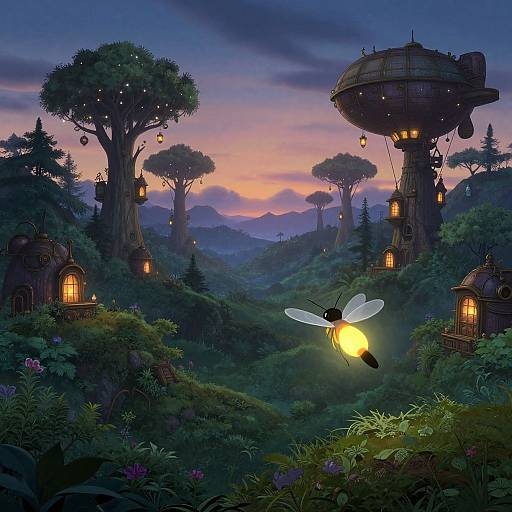 Whimsical fairy-tale forest at dusk, featuring glowing fireflies, whimsical treetop houses, and a vibrant purple-to-orange sunset sky