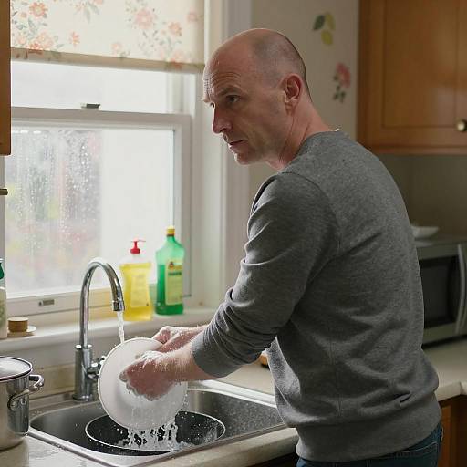 Focused Man Washing Dishes in Kitchen