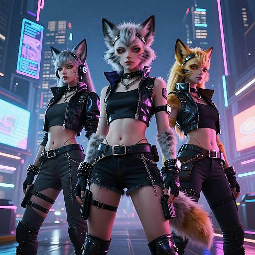 Digital art of three anthropomorphic fox-women in black leather outfits, neon city background, futuristic style, standing confidently with glowing neon signs.