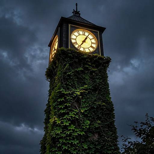 Photograph of a tall, vintage clock tower covered in green ivy, glowing yellow clock face against a dark, stormy sky.