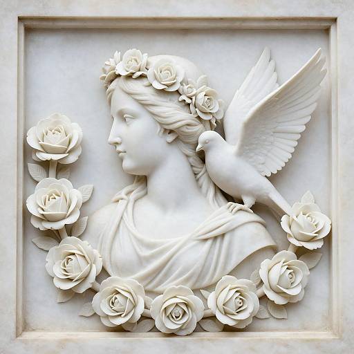 White marble relief sculpture of a serene woman with a floral crown, surrounded by roses, and a bird perched on her shoulder.