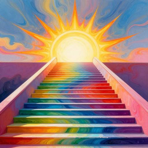 Vibrant digital painting of a multicolored staircase ascending to a bright, radiant sun with glowing orange rays against a swirling blue sky.
