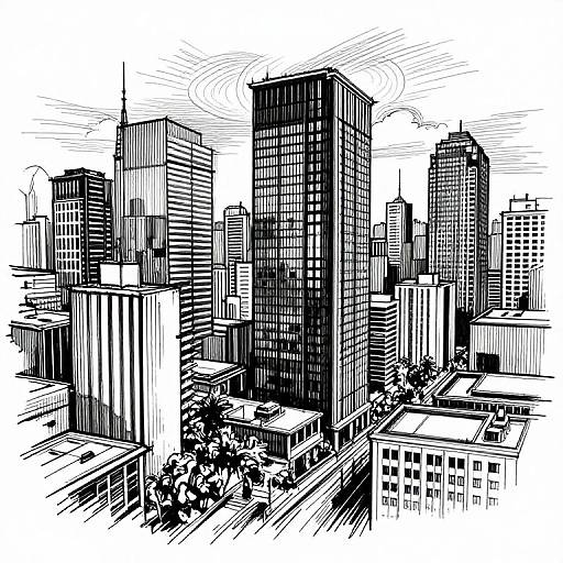 Black-and-white ink drawing of a bustling cityscape with tall, densely packed skyscrapers, lined streets, and small buildings in the foreground.