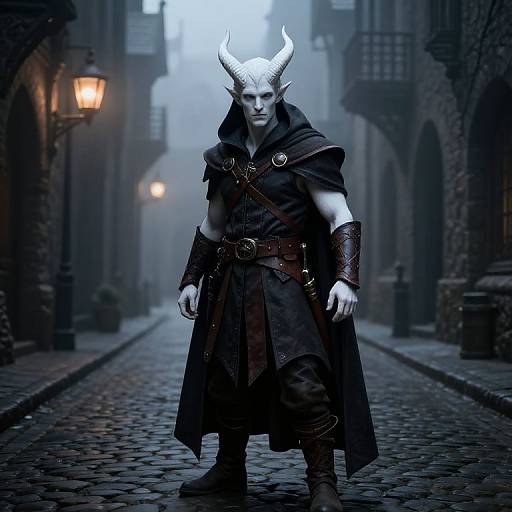 Digital art of a muscular, pale-skinned demon with white horns, wearing a dark cloak and leather armor, standing on a foggy, cobble