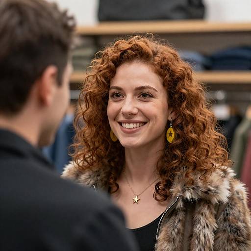 Cheerful Woman in Fur-Trimmed Jacket