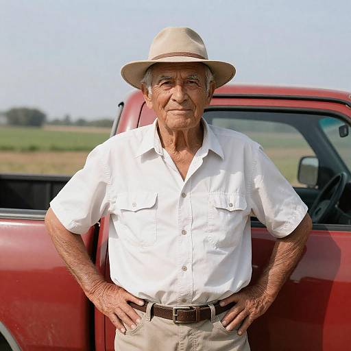 Confident Old Man by Red Pickup Truck
