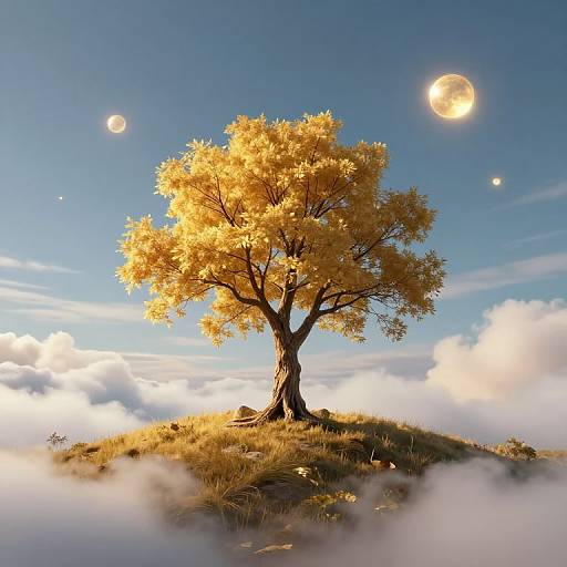 Photograph-like digital art of a golden-leaved tree standing on a grassy hilltop, surrounded by fluffy clouds, with bright moon and stars in