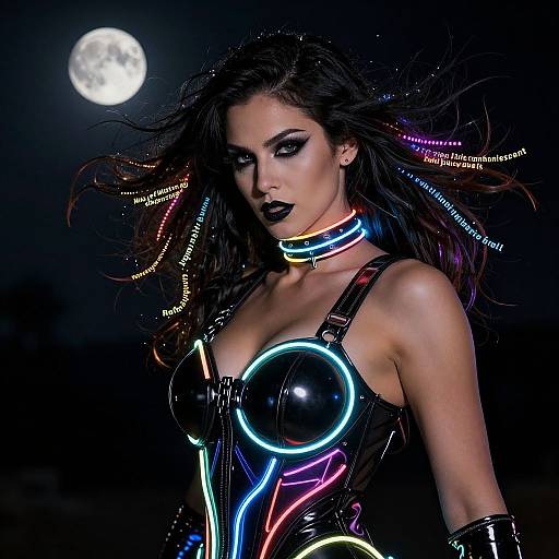 Photograph of a dark-haired woman in a neon-lit black latex bodysuit, glowing neon lines, black lipstick, moonlit night background.