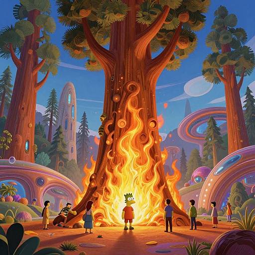 Digital illustration: Vibrant forest scene with towering tree engulfed in bright orange flames, diverse group of people watching, futuristic structures in background, colorful sky